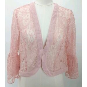 Pink Floral Rose Lace Ruffle Flared Sleeve Cardigan Tagless Size Med‎ Valentines